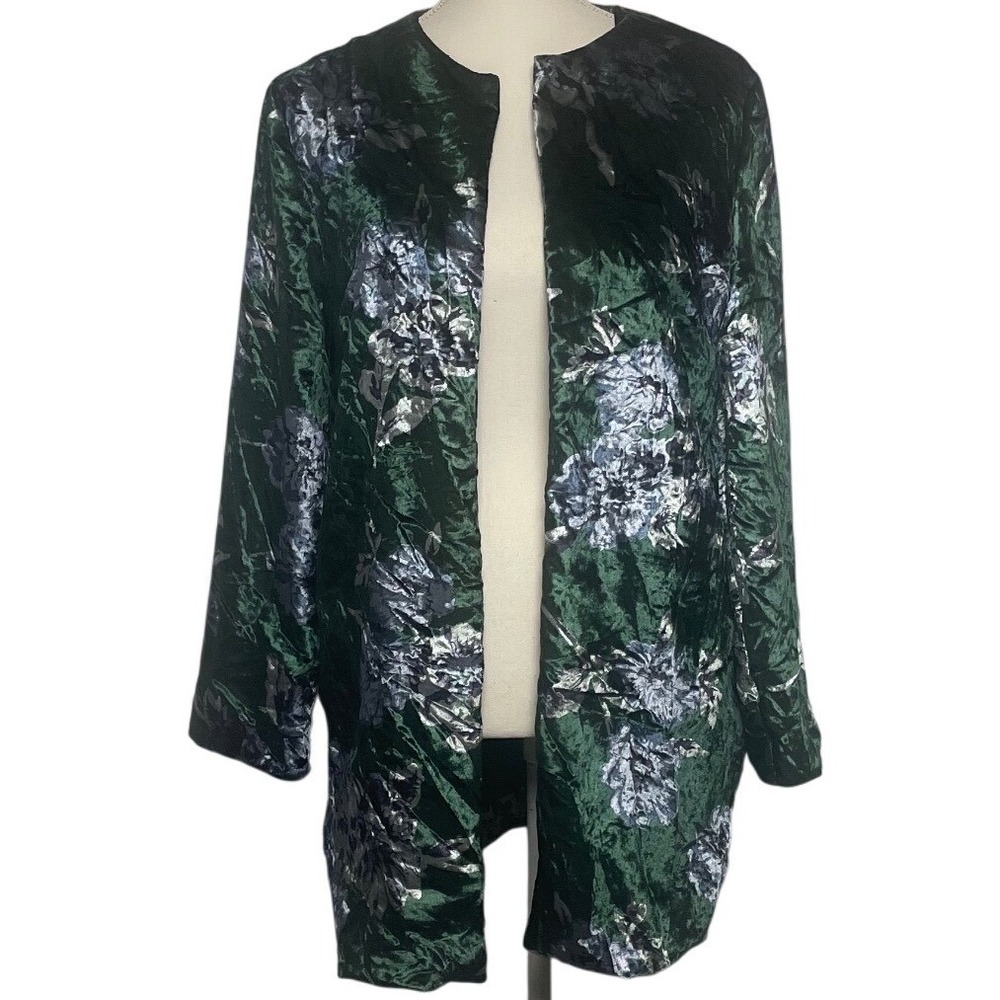 Anthropologie Eva Franco Green Floral  Velvet Bloom Open Front Coat Women's S